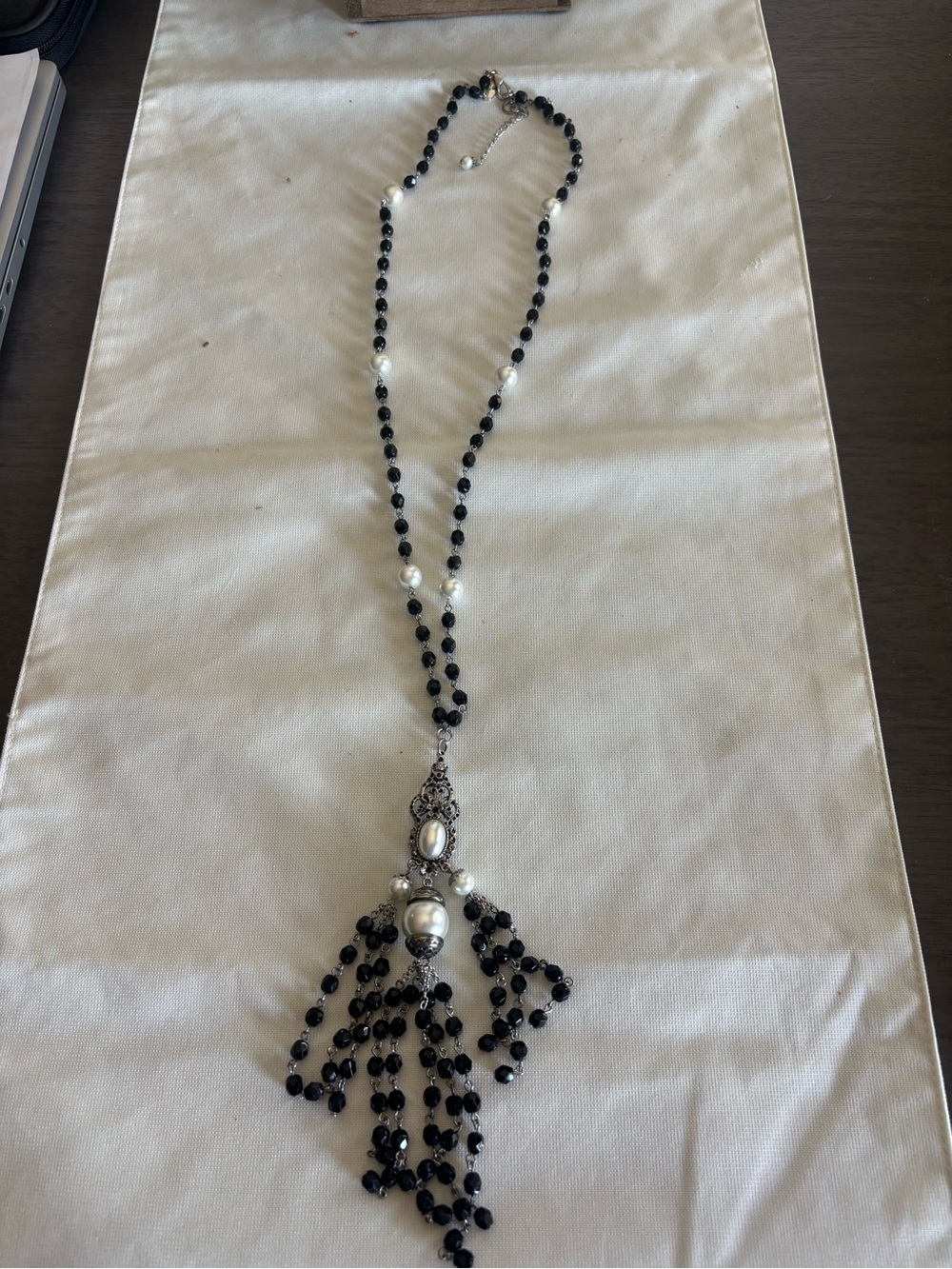 Black Beaded Tassel Pendant Necklace with Pearl Accents